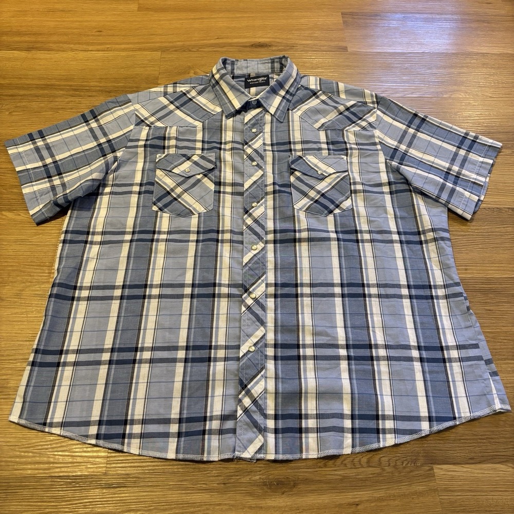 Wrangler Western Shirt Men's 2XL Blue Plaid Short Sleeve Pearl Snap Cowboy Yoke